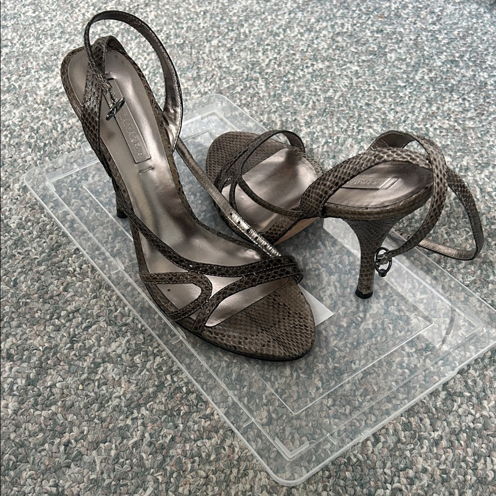 BCBG Max Azria strappy snakeskin design grey 4 inch stilettos size 8.5